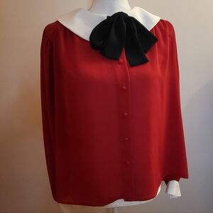 Vintage Chaus Red Long-Sleeve Blouse White Collar Black Bow Size 12